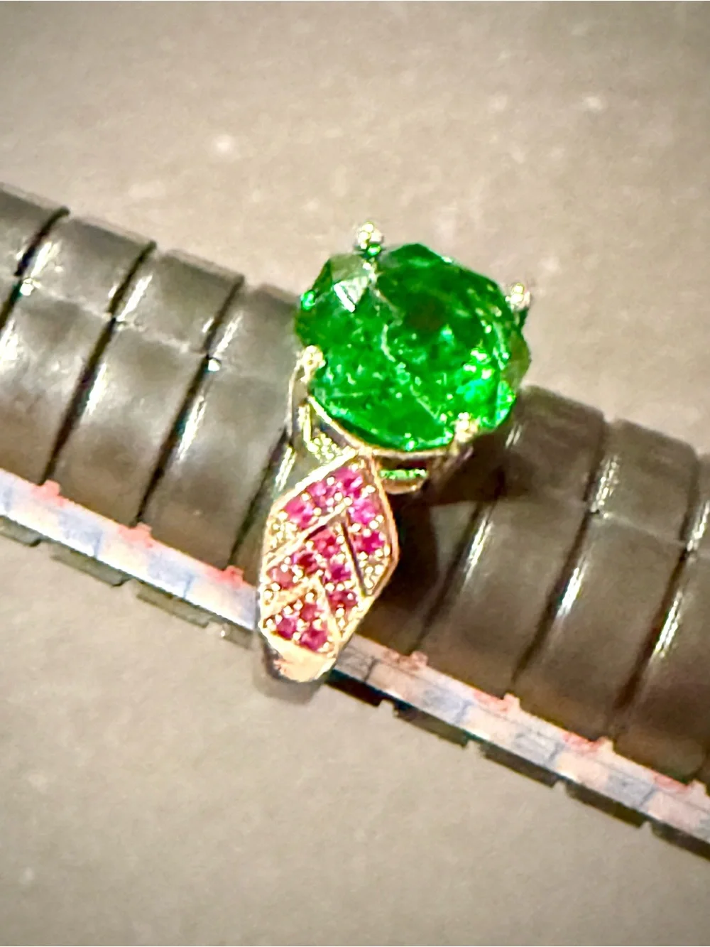 Green Crystal Floral Ring with Pink Accent Stones